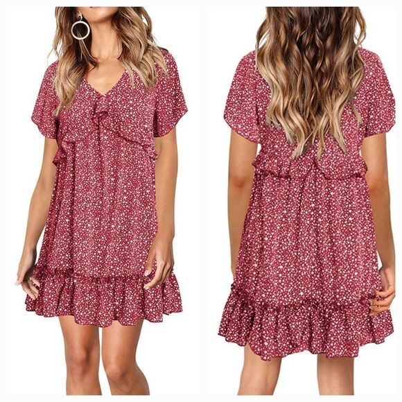 NWT FOWSMON Womens Ruffle Flowy Swing Dress Short Sleeve V Neck Loose Fit - Picture 1 of 7